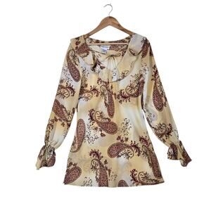 Millenium Blouse L Cream Red Paisley Ruffle Tie Neck Boho Festival Sheer